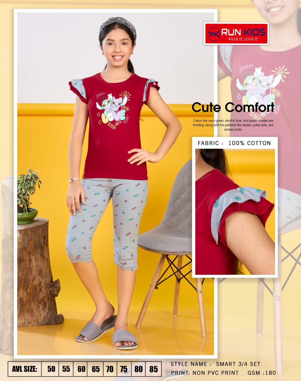 Smart Girls Run Kids Cotton Biowashed Girls Capri Night Suits Supplier Ahmedabad