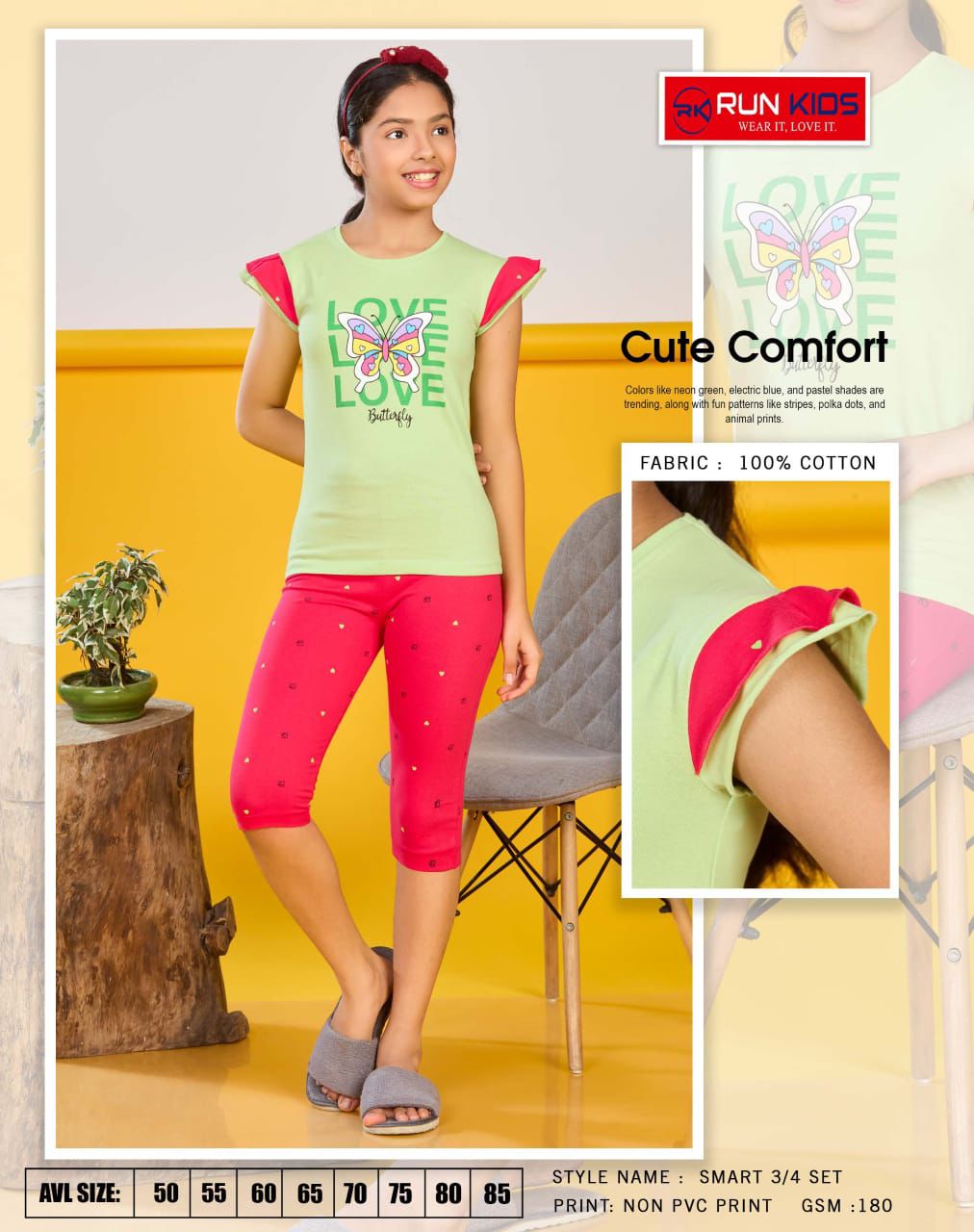 Smart Girls Run Kids Cotton Biowashed Girls Capri Night Suits Supplier Ahmedabad