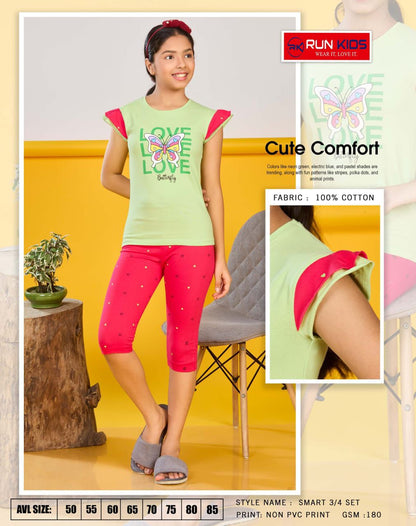 Smart Girls Run Kids Cotton Biowashed Girls Capri Night Suits Supplier Ahmedabad