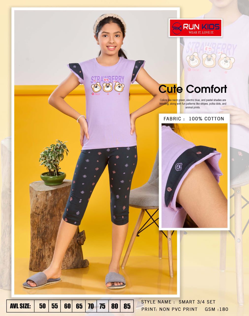 Smart Girls Run Kids Cotton Biowashed Girls Capri Night Suits Supplier Ahmedabad