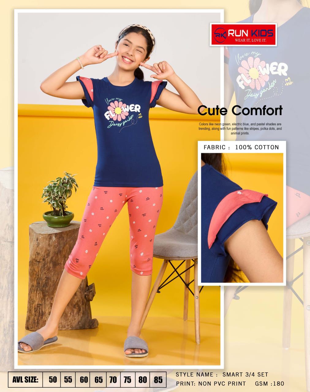Smart Girls Run Kids Cotton Biowashed Girls Capri Night Suits Supplier Ahmedabad