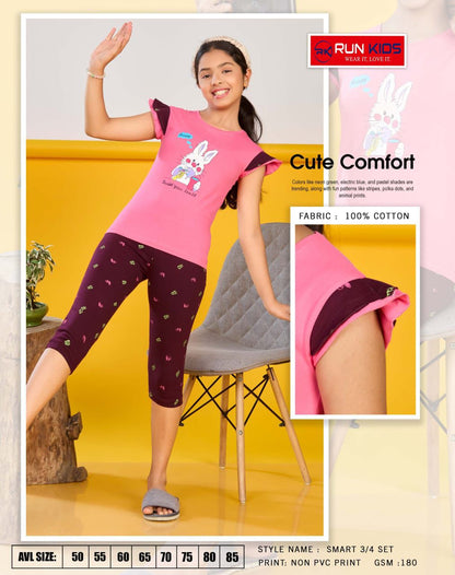 Smart Girls Run Kids Cotton Biowashed Girls Capri Night Suits Supplier Ahmedabad