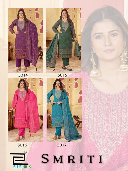 Smriti Blue Hills Chiffon Readymade Pant Style Suits Wholesaler Gujarat