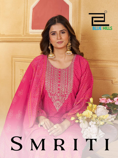 Smriti Blue Hills Chiffon Readymade Pant Style Suits Wholesaler Gujarat