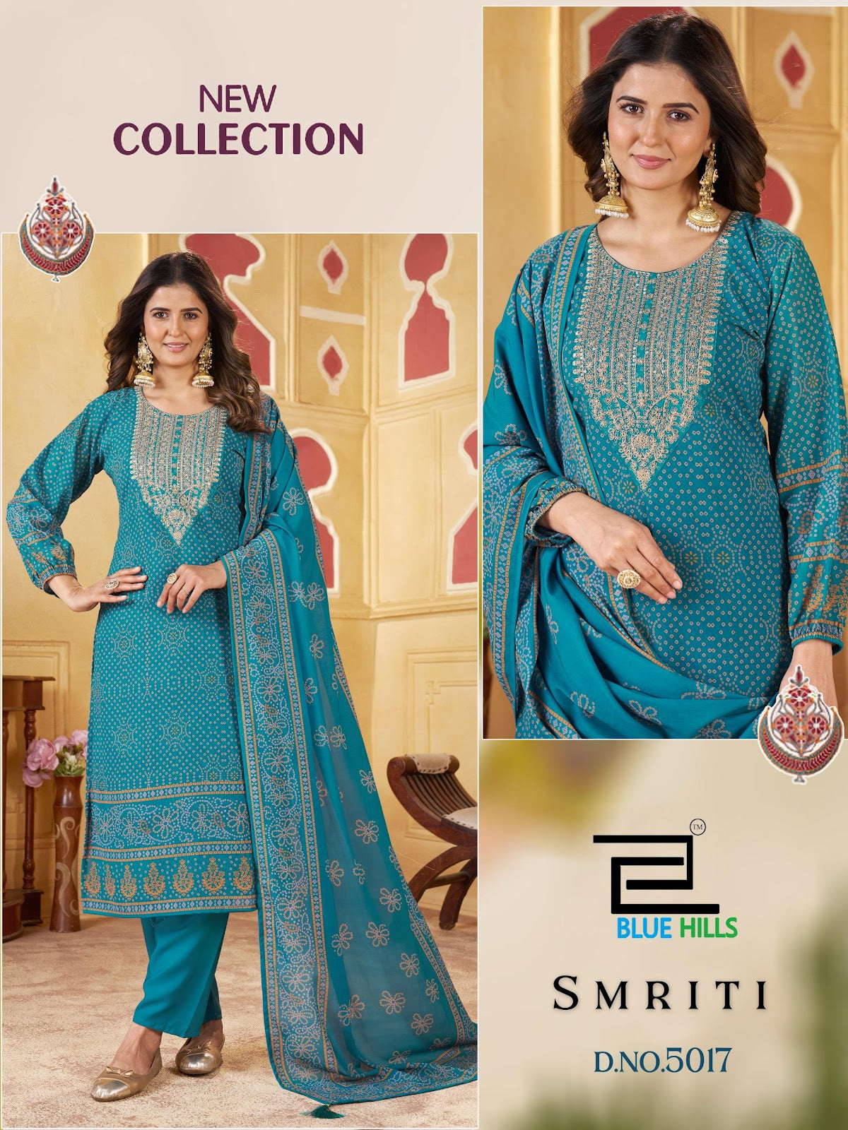 Smriti Blue Hills Chiffon Readymade Pant Style Suits Wholesaler Gujarat