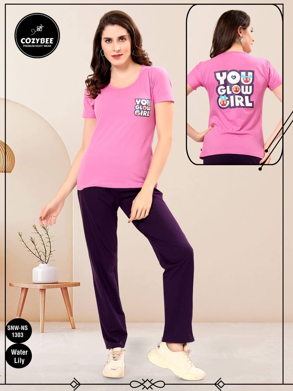 Snw Ns 1303 Cozybee Cotton Biowashed Pyjama Night Suits Wholesale