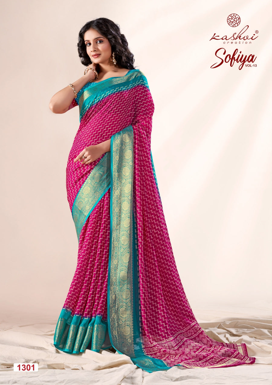 Sofiya Vol 13 Kashvi Creation Dull Moss Sarees Wholesale Rate