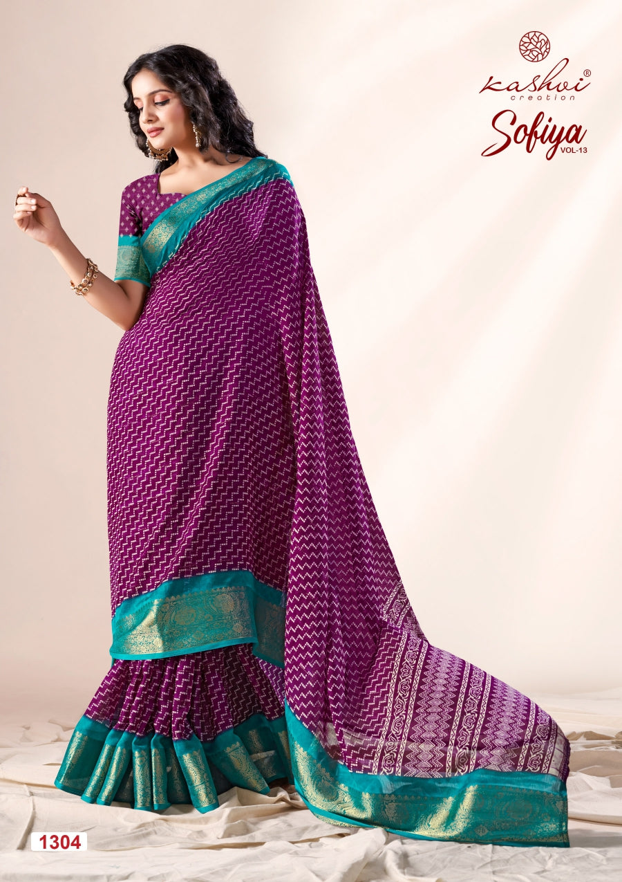 Sofiya Vol 13 Kashvi Creation Dull Moss Sarees Wholesale Rate