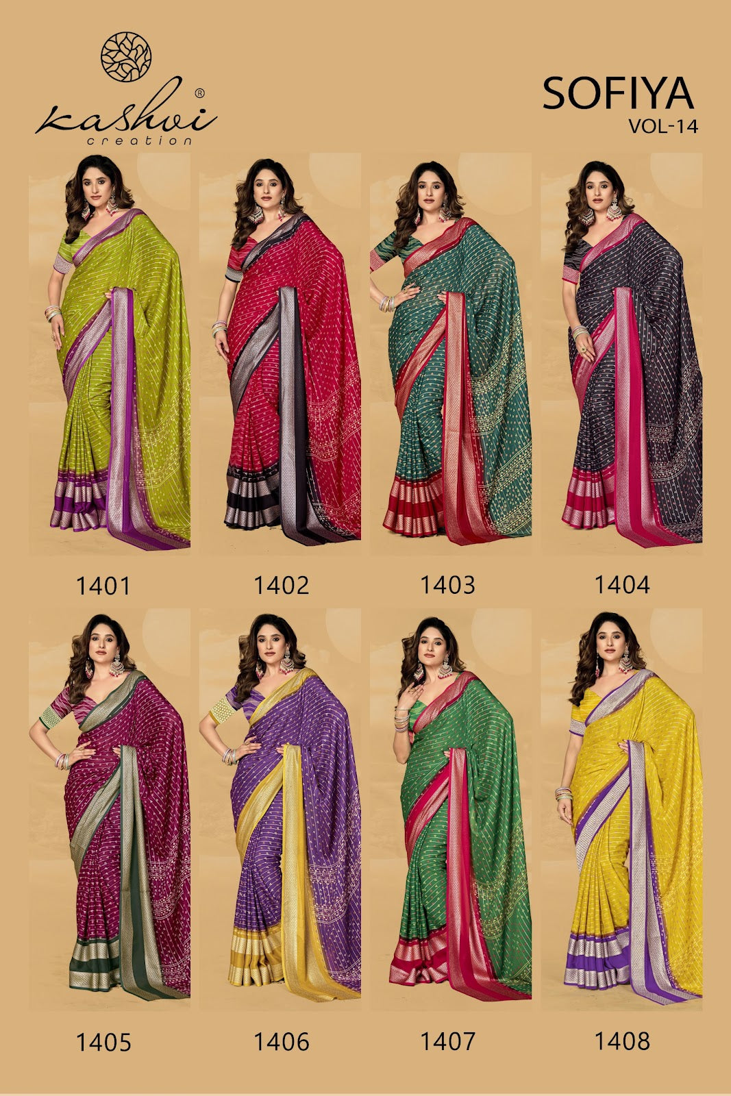 Sofiya Vol 14 Kashvi Creation Dull Moss Sarees Wholesale