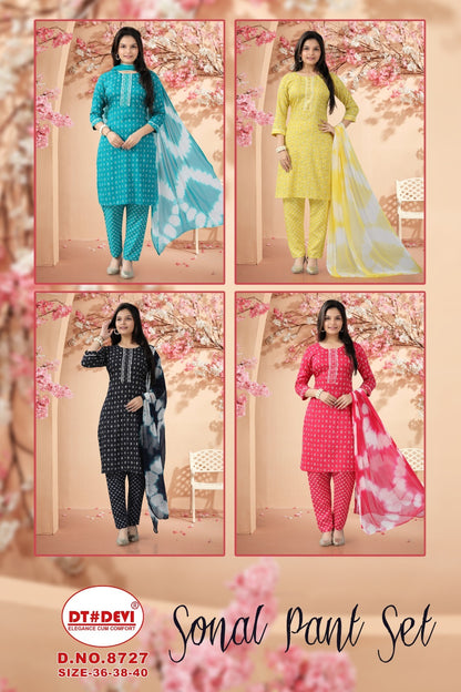 Sonal 8727 Dt Devi Rayon Readymade Pant Style Suits Supplier