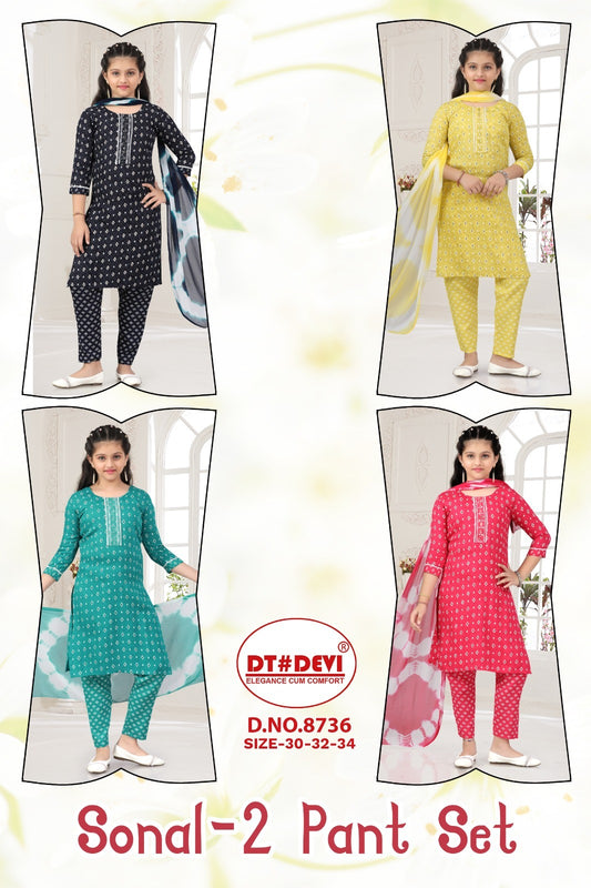 Sonal Vol 2 8736 Dt Devi Rayon Girls Readymade Pant Suits Manufacturer