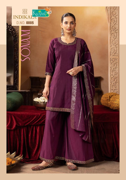 Sonam Indikala Kushal Roman Silk Readymade Plazzo Style Suits Supplier Gujarat