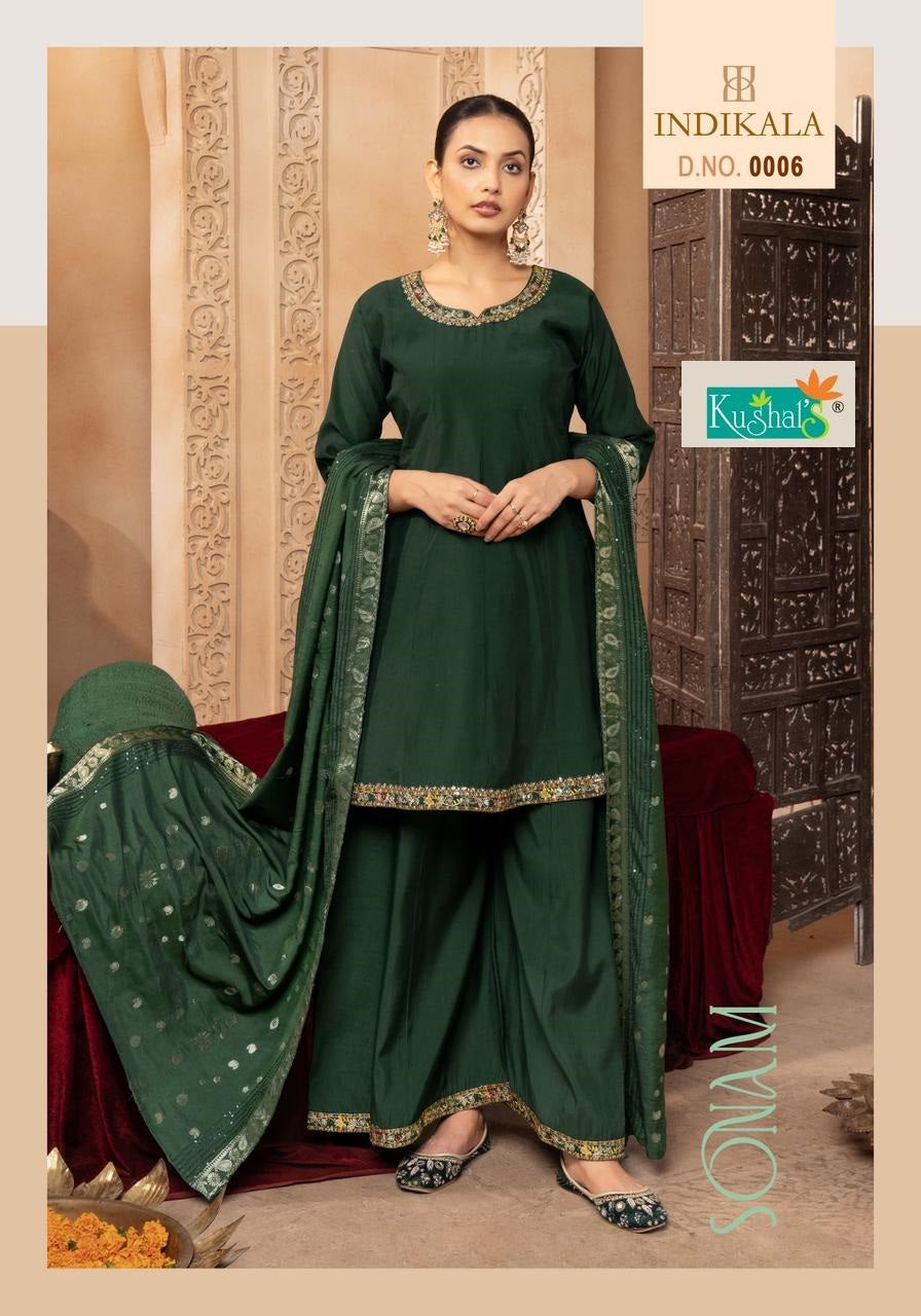 Sonam Indikala Kushal Roman Silk Readymade Plazzo Style Suits Supplier Gujarat