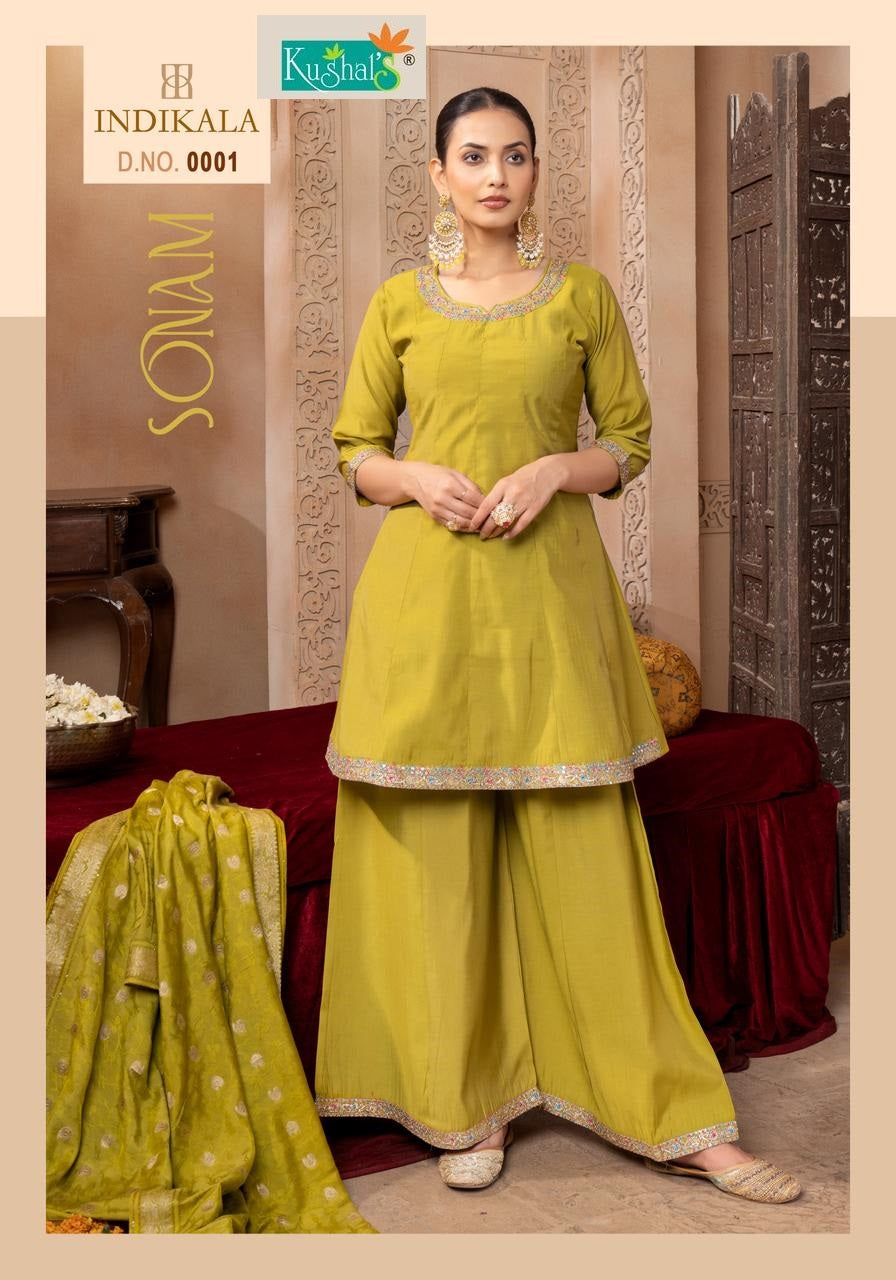 Sonam Indikala Kushal Roman Silk Readymade Plazzo Style Suits Supplier Gujarat
