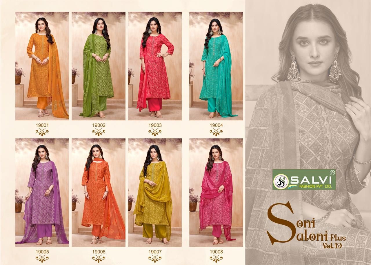 Soni Saloni Plus Vol 19 Salvi Fashion Cotton Slub Pant Style Suits Manufacturer Gujarat