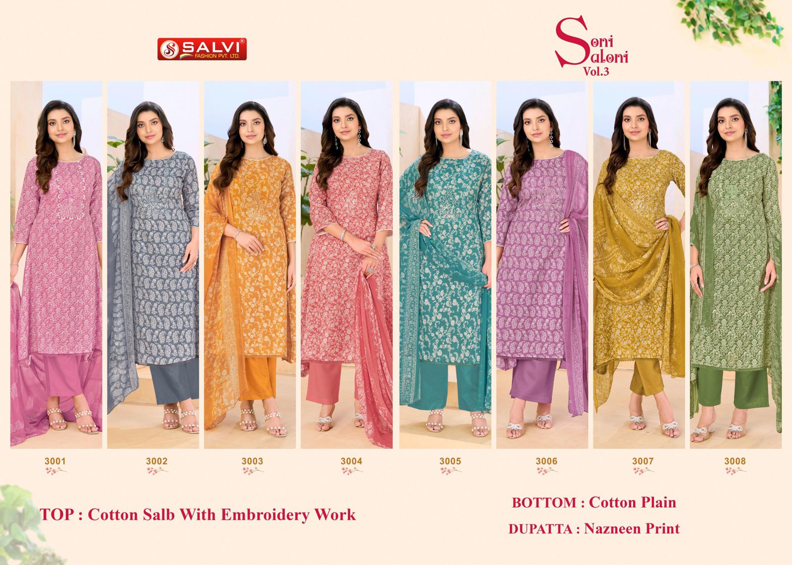 Soni Saloni Vol 3 Salvi Fashion Cotton Slub Pant Style Suits Exporter