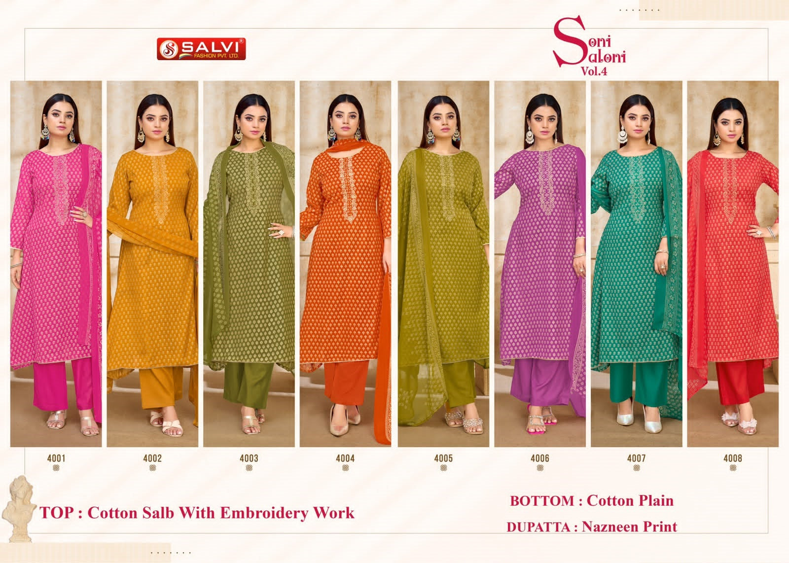 Soni Saloni Vol 4 Salvi Fashion Cotton Slub Pant Style Suits Manufacturer Ahmedabad