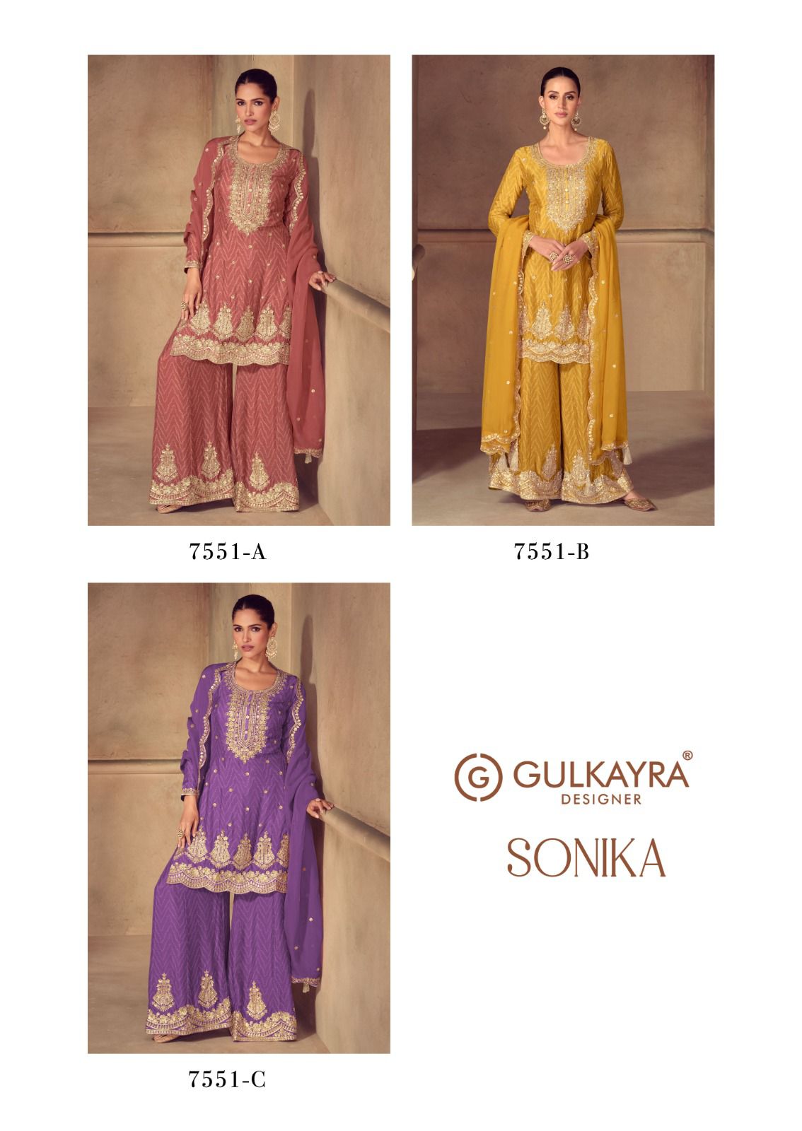 Sonika Gulkayra Designer Chinon Readymade Plazzo Style Suits Exporter India