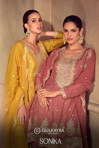 Sonika Gulkayra Designer Chinon Readymade Plazzo Style Suits Exporter India