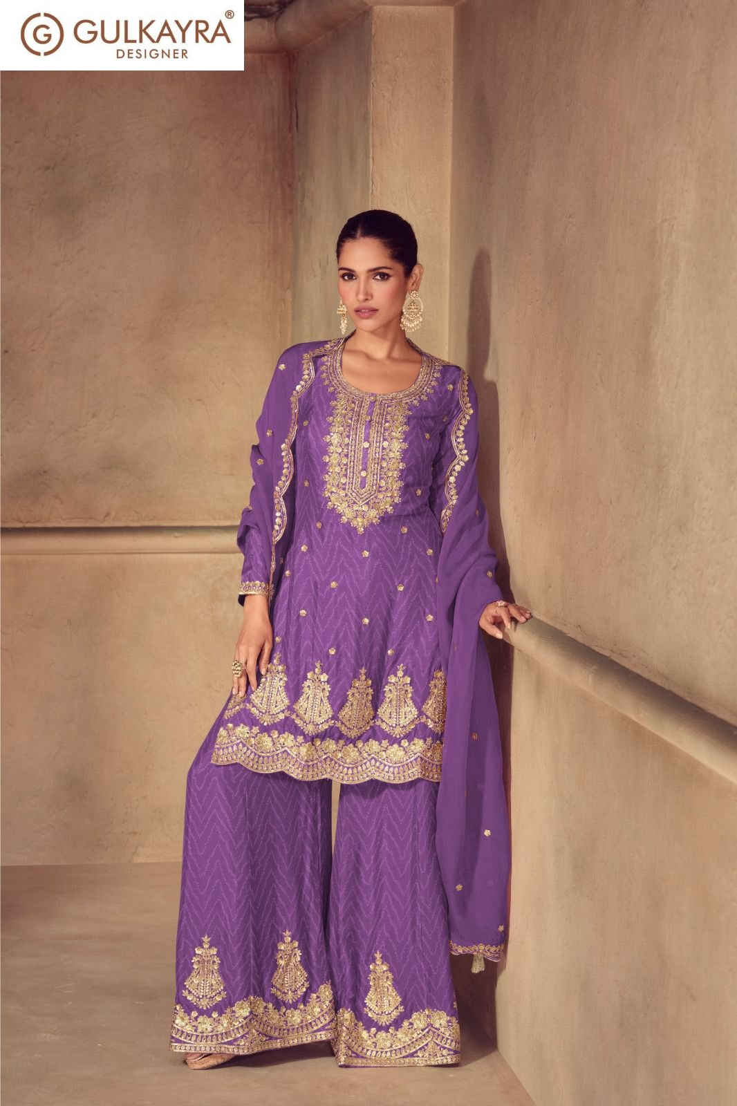 Sonika Gulkayra Designer Chinon Readymade Plazzo Style Suits Exporter India