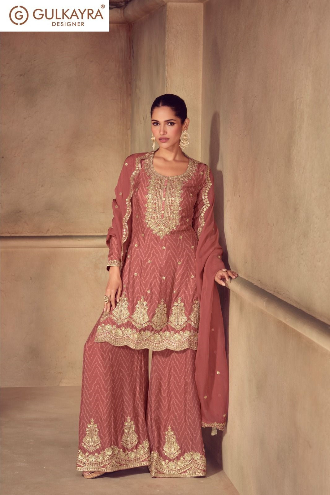 Sonika Gulkayra Designer Chinon Readymade Plazzo Style Suits Exporter India
