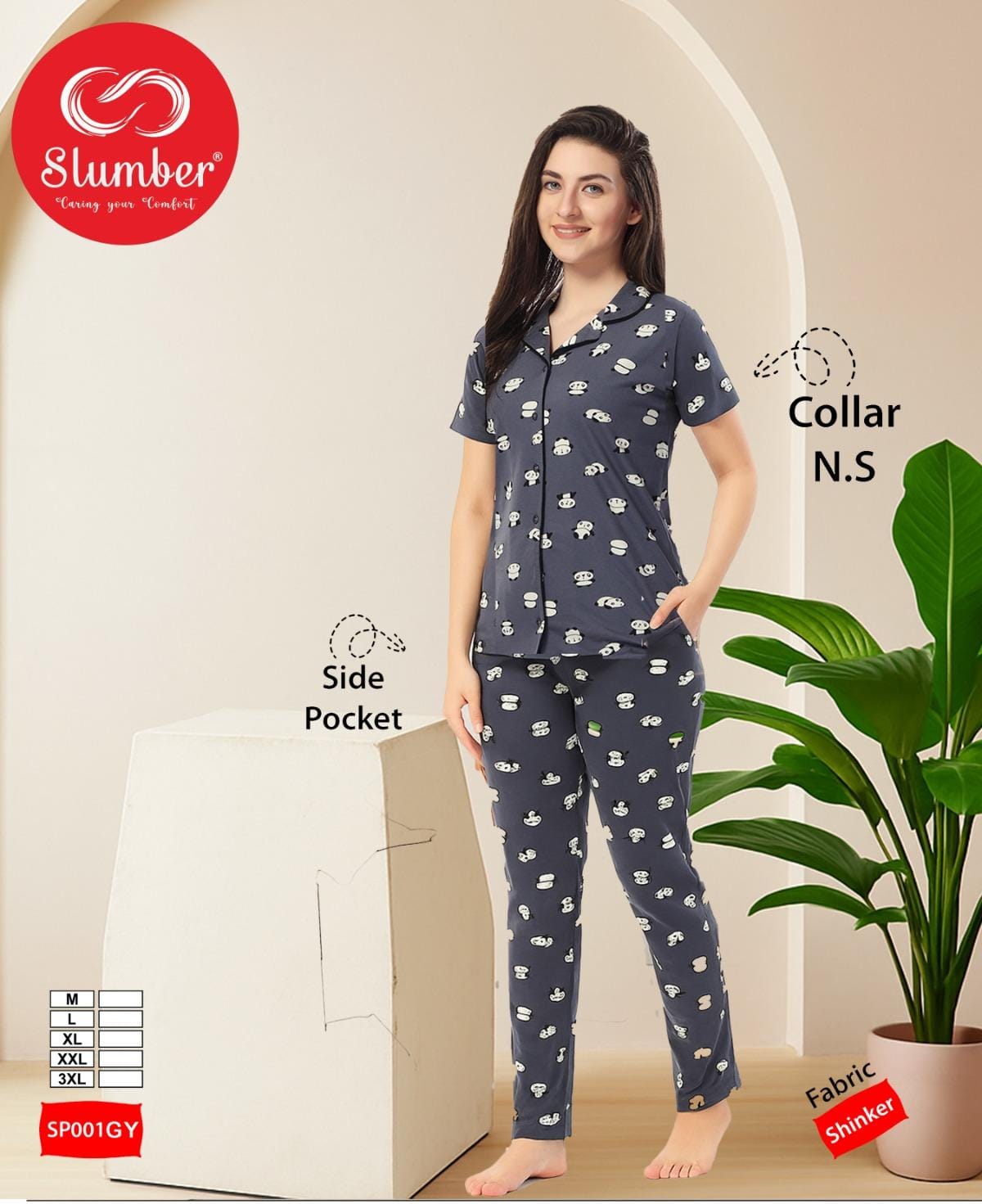 Sp001-0309 Slumber Cotton Collar Night Suits Wholesaler