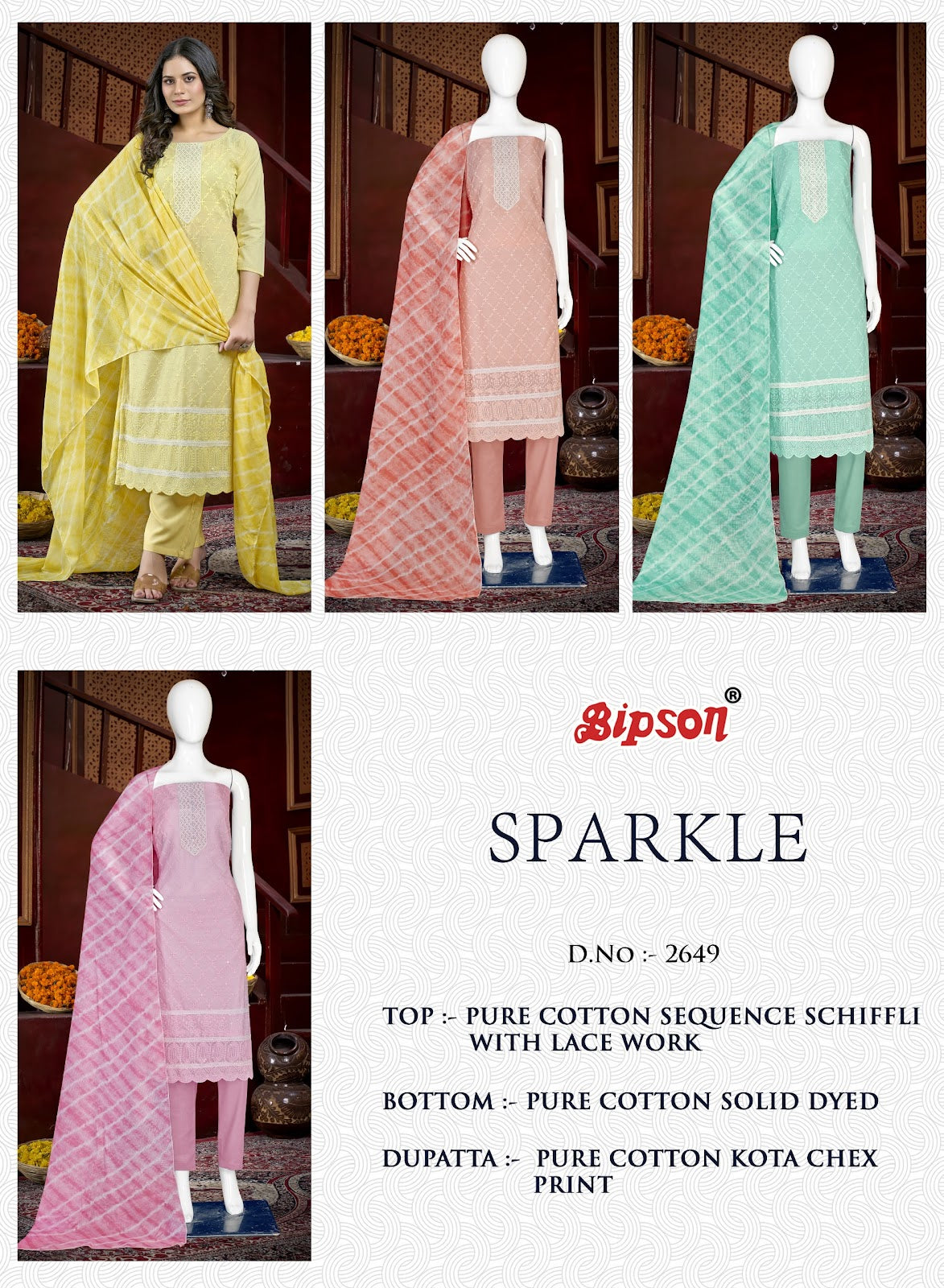 Sparkle 2649 Bipson Prints Pure Cotton Pant Style Suits Manufacturer