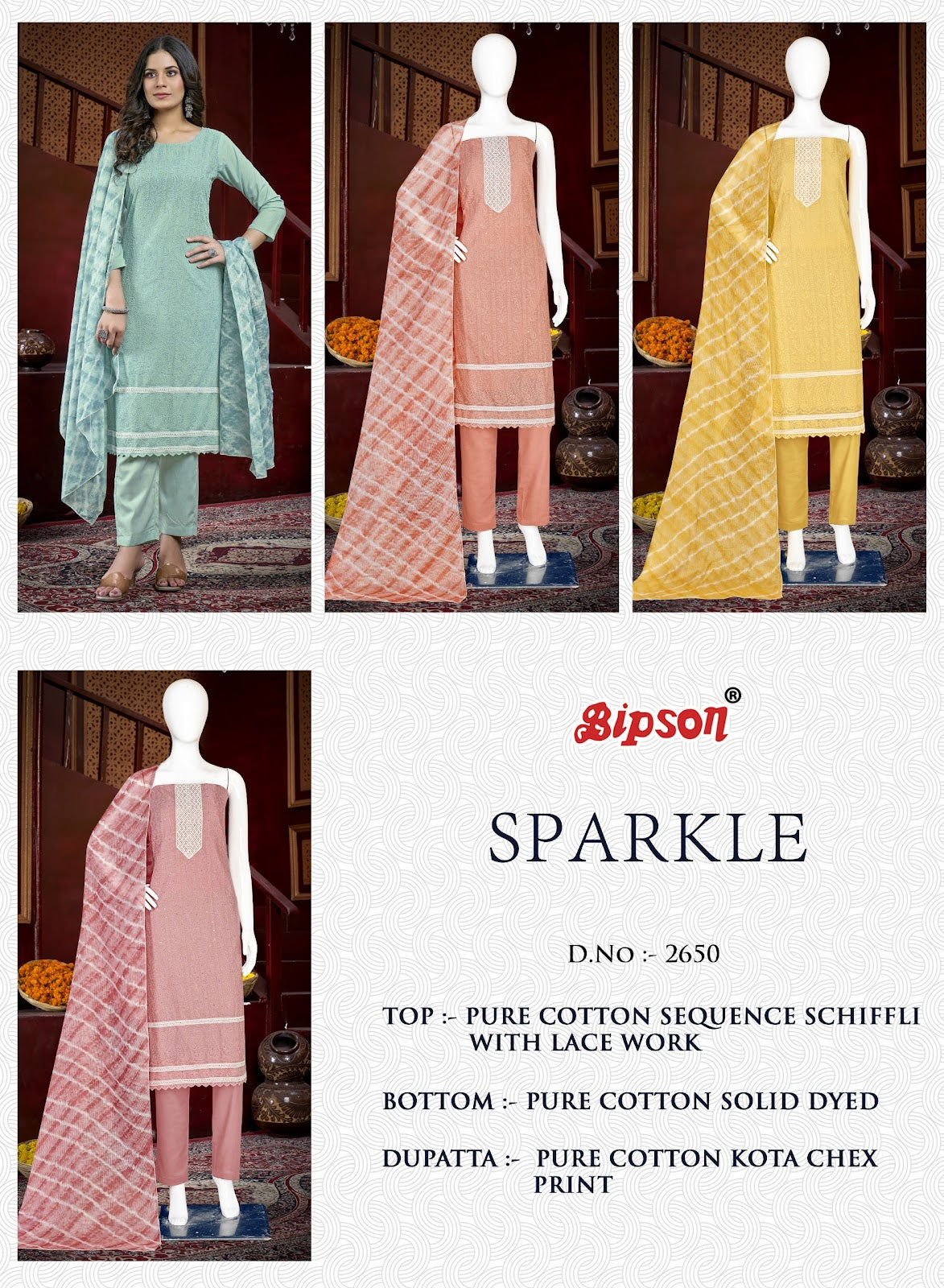 Sparkle 2650 Bipson Prints Pure Cotton Pant Style Suits Supplier