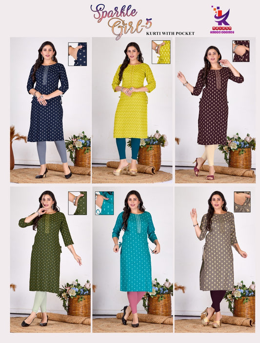 Sparkle Girl 5 Mlm Kalash Lifestyle Rayon 14Kg Kurti With Pocket Wholesaler Ahmedabad