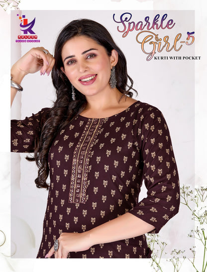 Sparkle Girl 5 Mlm Kalash Lifestyle Rayon 14Kg Kurti With Pocket Wholesaler Ahmedabad