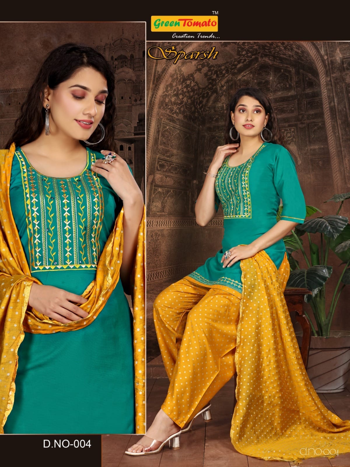 Sparsh Green Tomato Rayon Readymade Salwar Suits Supplier Ahmedabad