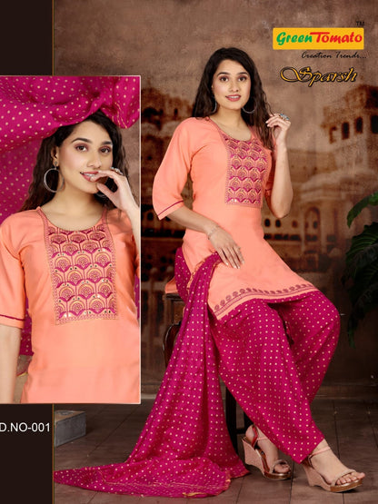 Sparsh Green Tomato Rayon Readymade Salwar Suits Supplier Ahmedabad