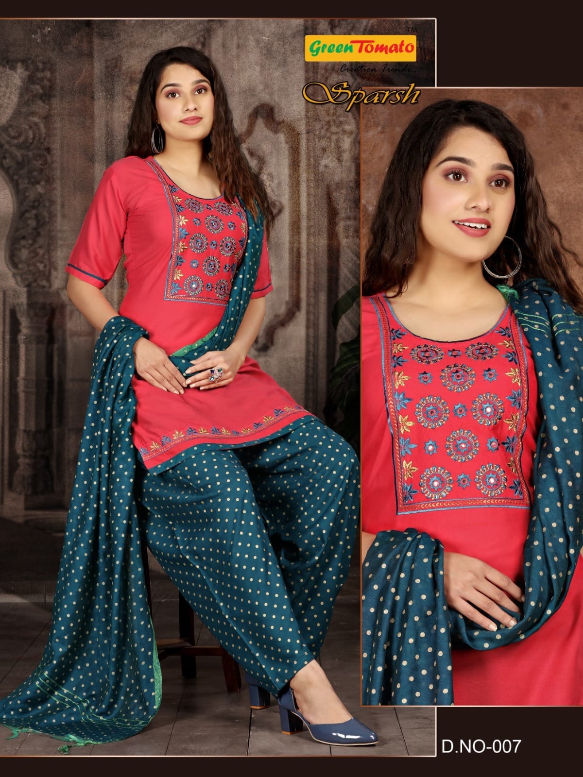 Sparsh Green Tomato Rayon Readymade Salwar Suits Supplier Ahmedabad