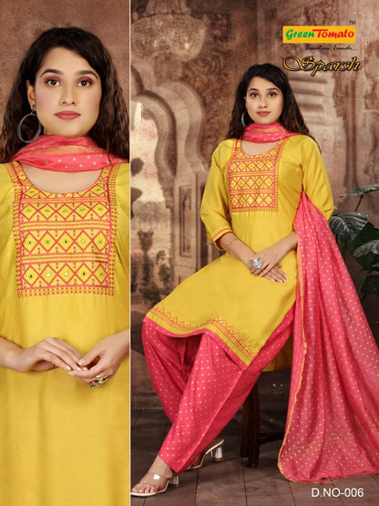 Sparsh Green Tomato Rayon Readymade Salwar Suits Supplier Ahmedabad