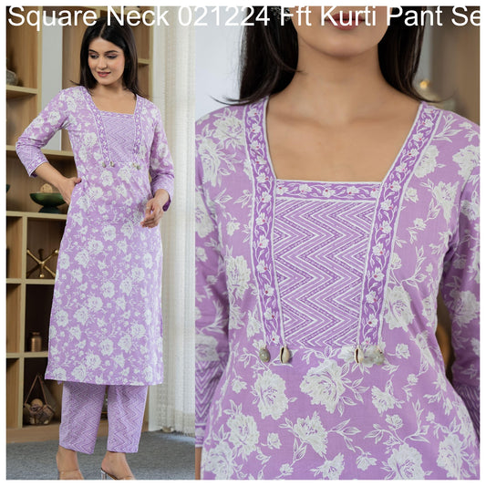 Square Neck 021224 Fft Cotton Cambric Kurti Pant Set Wholesaler