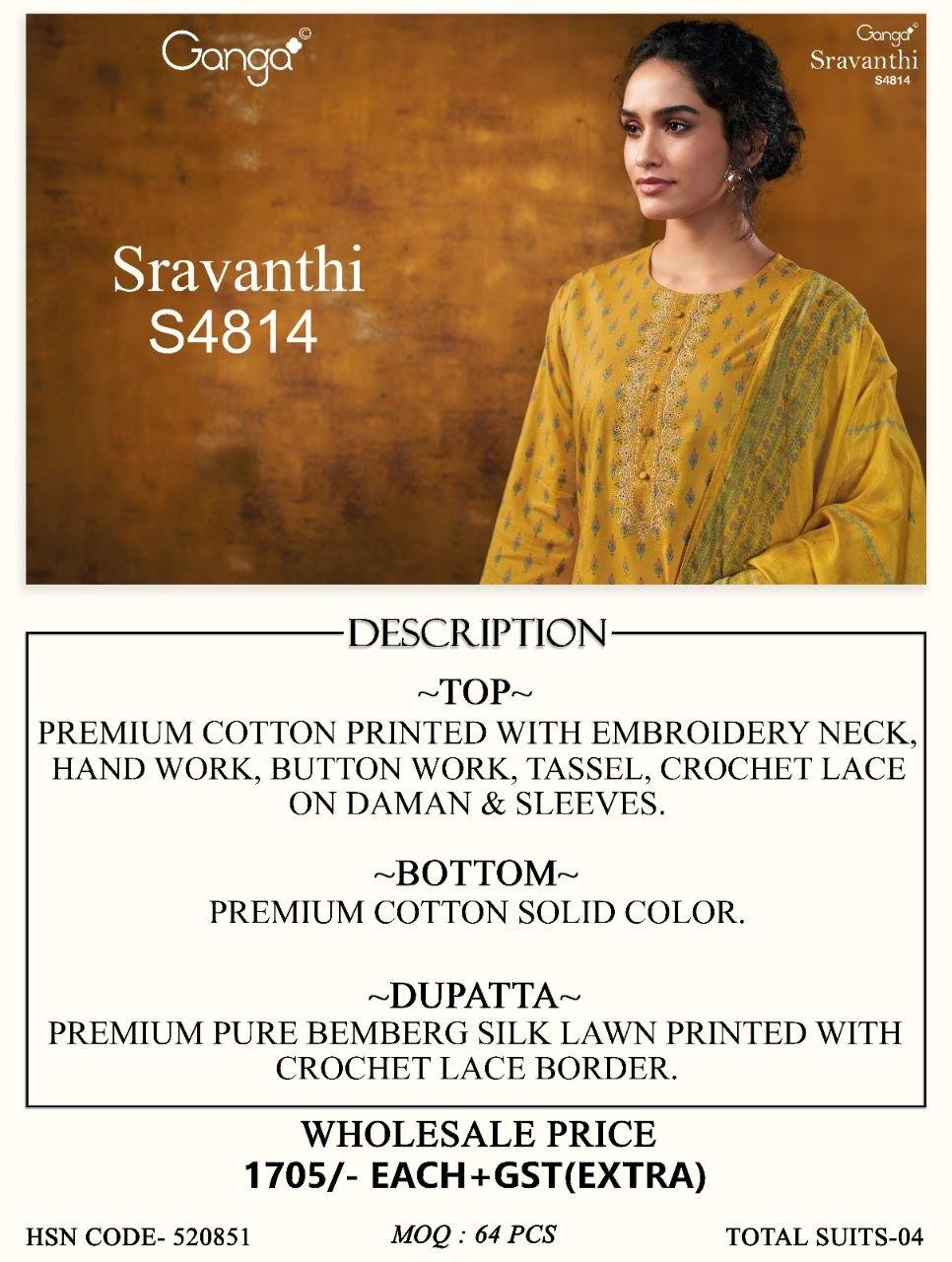 Sravanthi S4814 Ganga Cotton Plazzo Style Suits Wholesale