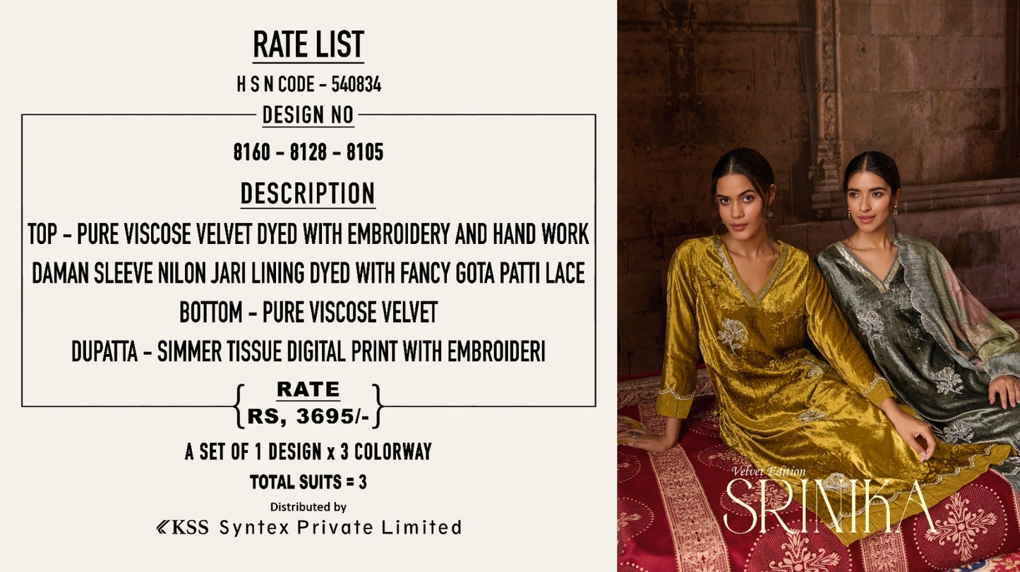 Srinika Sahiba Pure Viscose Velvet Suits Wholesale Price