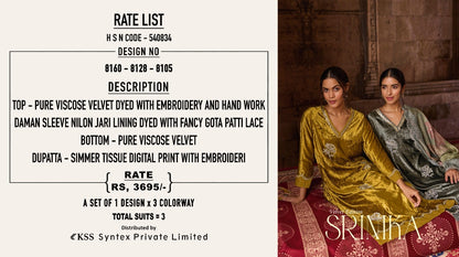 Srinika Sahiba Pure Viscose Velvet Suits Wholesale Price