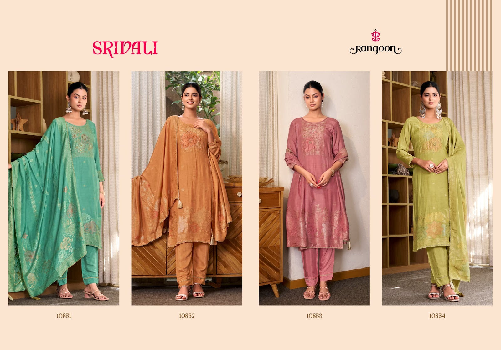 Srivali Rangoon Muslin Jacquard Readymade Pant Style Suits Wholesaler India