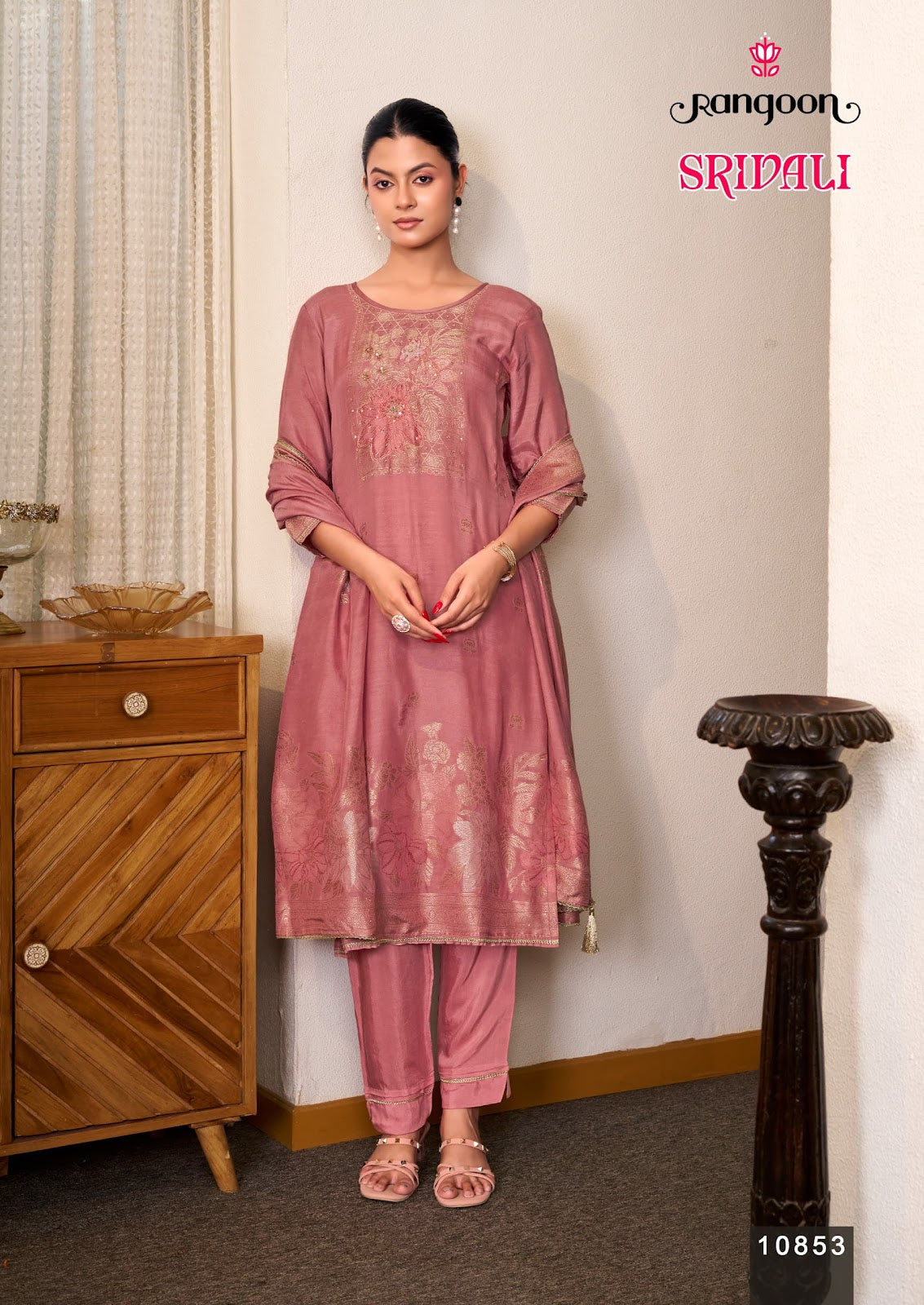 Srivali Rangoon Muslin Jacquard Readymade Pant Style Suits Wholesaler India