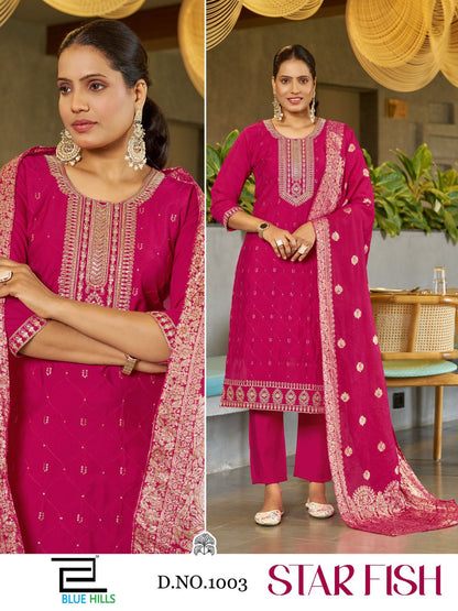 Star Fish Blue Hills Roman Silk Readymade Pant Style Suits Supplier India