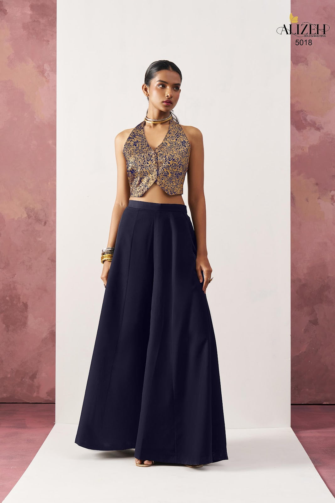 Starlet 5016-5018 Alizeh Jacquard Crop Top Shurg Palazzo Set Exporter India