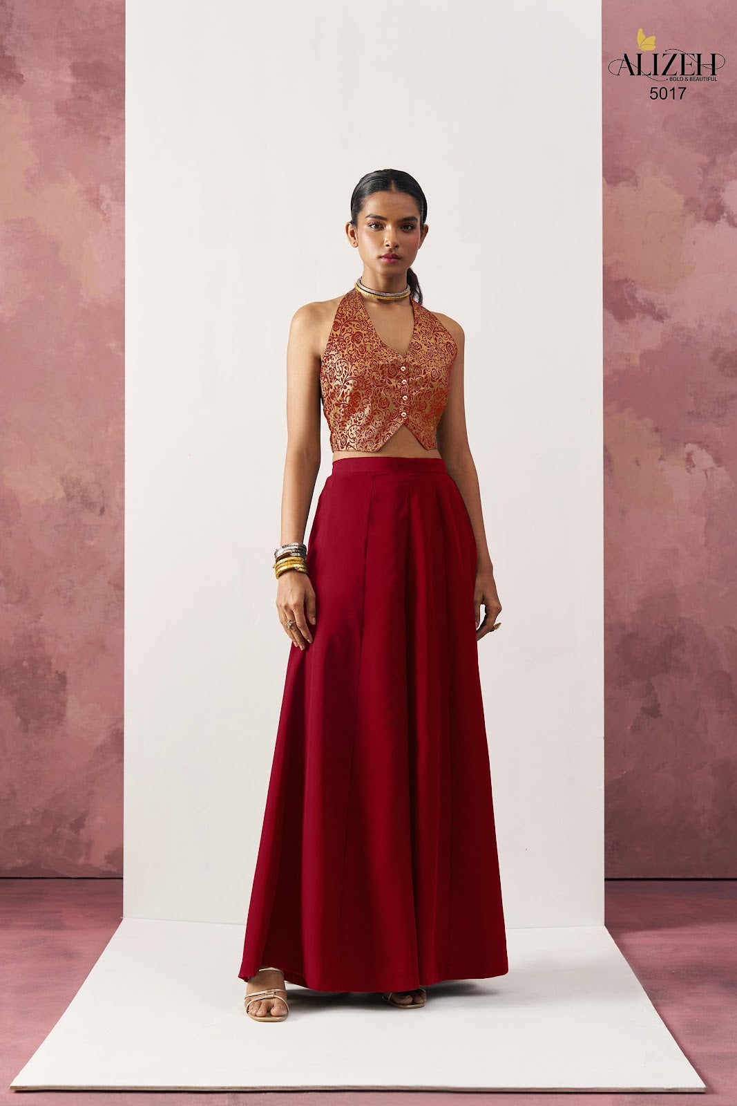 Starlet 5016-5018 Alizeh Jacquard Crop Top Shurg Palazzo Set Exporter India