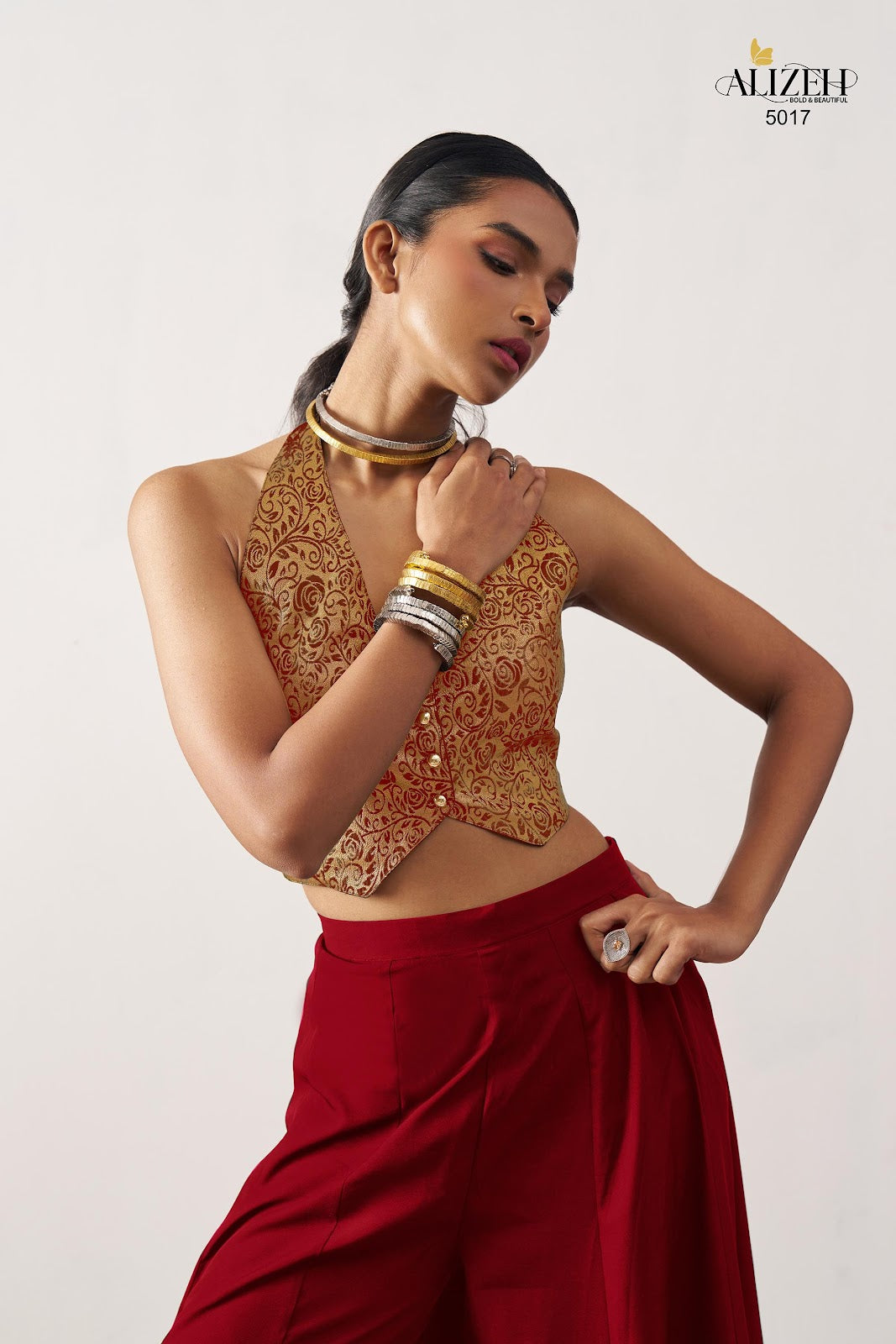 Starlet 5016-5018 Alizeh Jacquard Crop Top Shurg Palazzo Set Exporter India