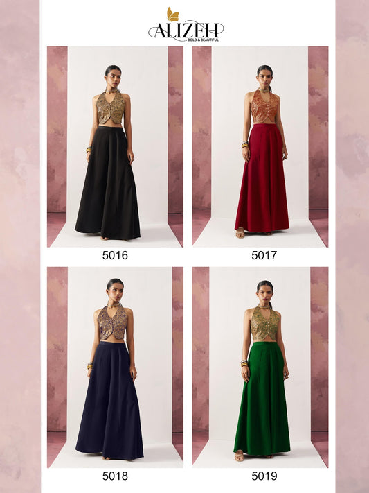Starlet 5016-5018 Alizeh Jacquard Crop Top Shurg Palazzo Set Exporter India