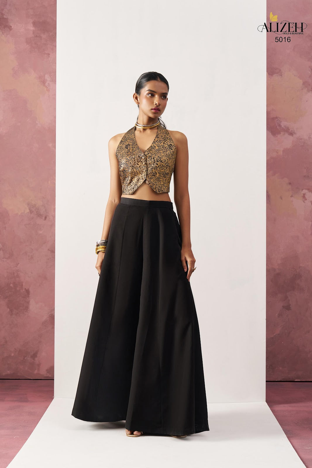 Starlet 5016-5018 Alizeh Jacquard Crop Top Shurg Palazzo Set Exporter India