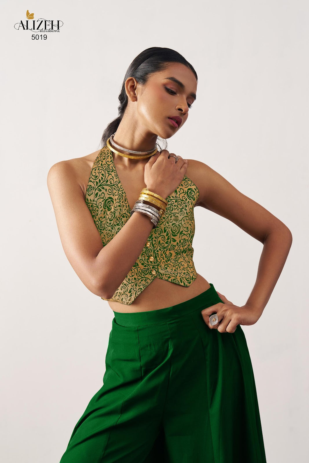Starlet 5016-5018 Alizeh Jacquard Crop Top Shurg Palazzo Set Exporter India