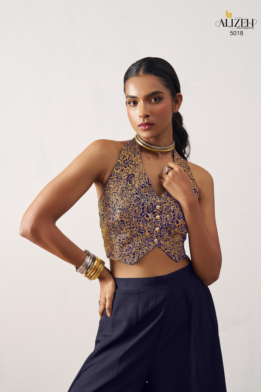 Starlet 5016-5018 Alizeh Jacquard Crop Top Shurg Palazzo Set Exporter India
