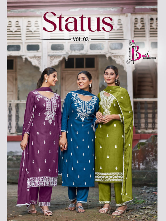 Status Vol 3 Bhavi Designer Heavy Rayon Readymade Pant Style Suits Wholesale Price