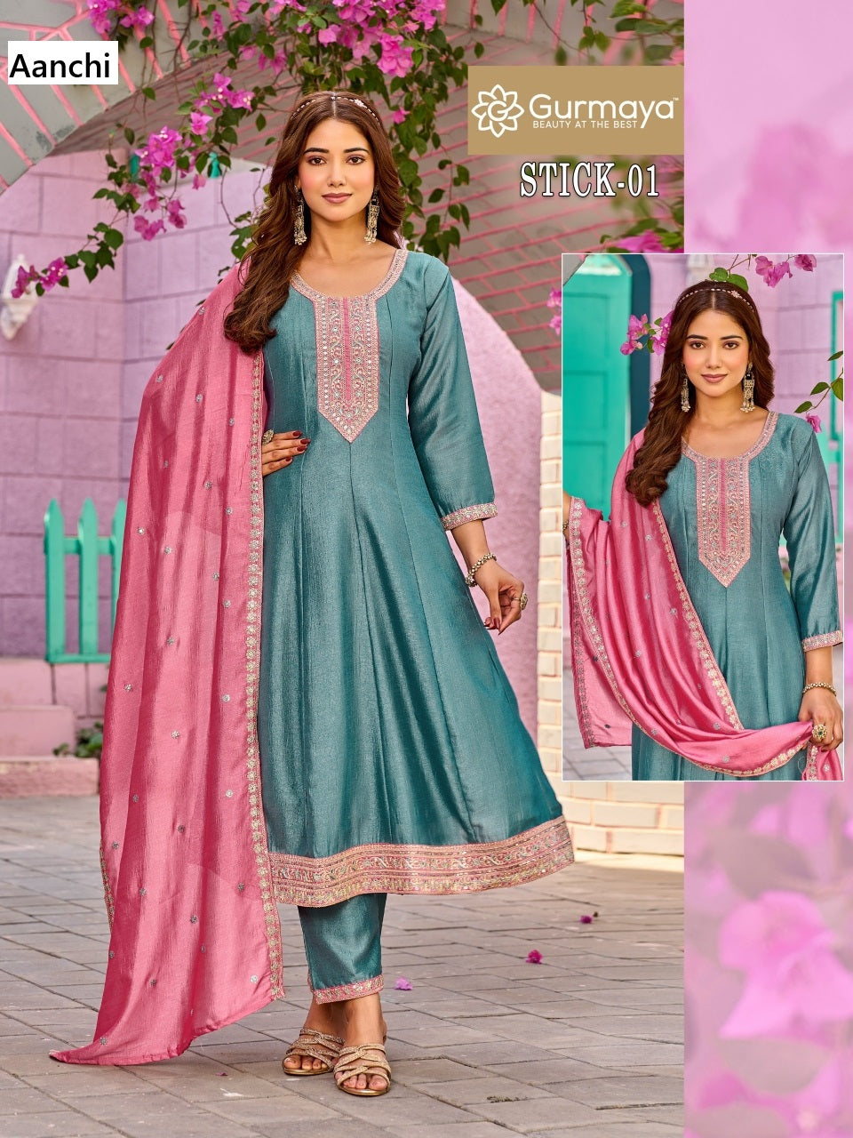 Stick Gurmaya Aanchi Vichitra Silk Readymade Anarkali Suits Wholesaler Ahmedabad